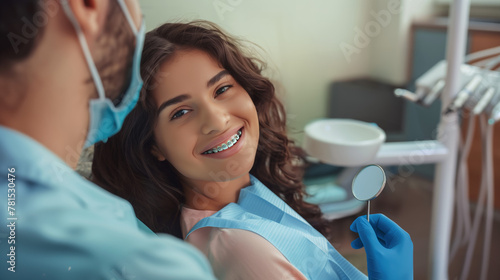 A photo portrait of smiling woman in dental braces, sitting in dentist’s chair, orthodontist visit, beautiful teeth in brace system, doctor standing near with dental tool in hands
