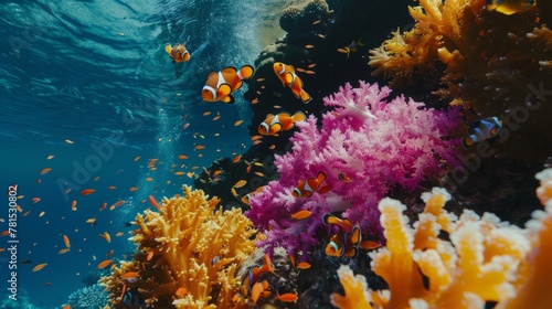 Numerous fish swim near vibrant coral in the water