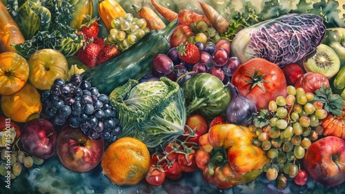 watercolor painting featuring an assortment of fresh fruits and vegetables  their rich colors and detailed textures