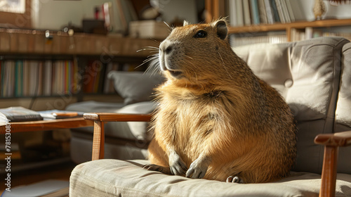 Capybara sitting in armchair in modern apartment, wild animal taming concept