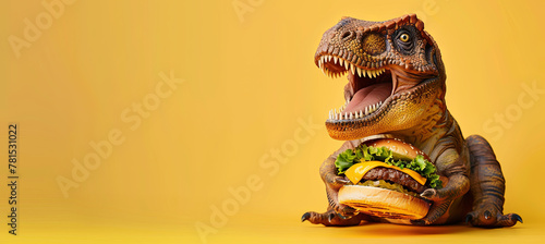Dinosaur eating burger, yellow background