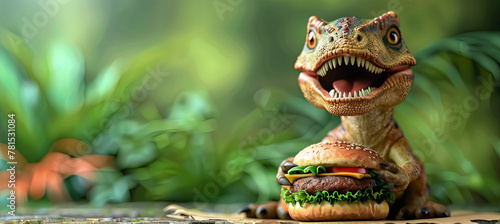 Dinosaur eating burger, green background