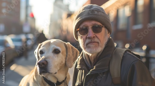 Blind handicapped man holding cane and walking with trained guide dog golden retriever on street outside city background. Generative ai