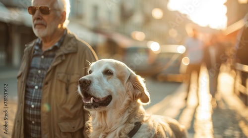 Blind handicapped man holding cane and walking with trained guide dog golden retriever on street outside city background. Generative ai photo