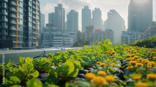 Small green space on the rooftop garden. Innovative urban farming techniques on a rooftop garden  showcasing vertical farming and hydroponics against a city background. Generative ai