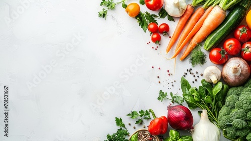 Different types of fresh Vegetables on white background. copy space. Health, vitamins and healthy lifestyle. Farm to table abundance concept. Generative ai