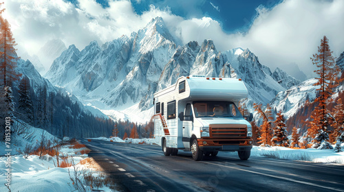 Scenic drive: colorful illustration of a motorhome in the mountains