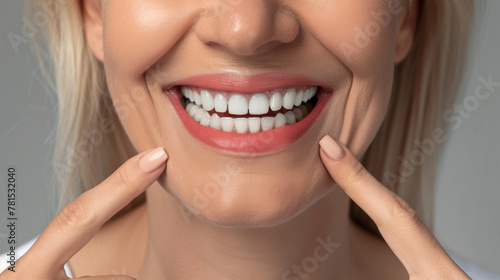 Closeup of a smiling woman pointing at her teeth.