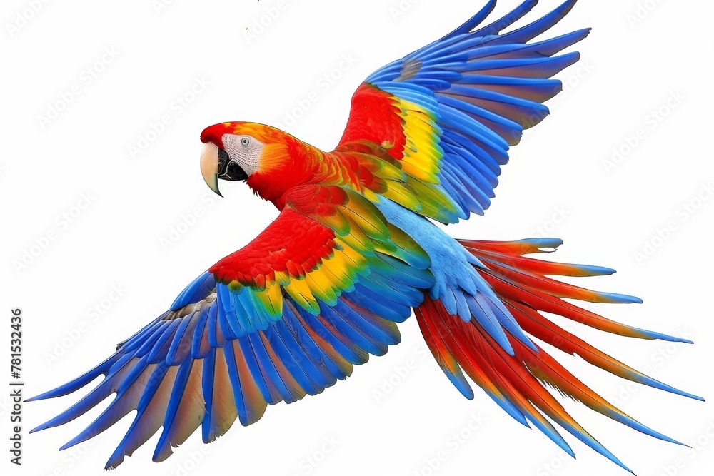 Fototapeta premium A stunning Scarlet Macaw captured in motion, the image exhibits the marvellous spread of its colorful wings