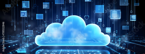 cloud computing technology concept transfer database to cloud. There is a prominent large cloud icon in the center and a small white icon on the connected polygons with a dark blue background.