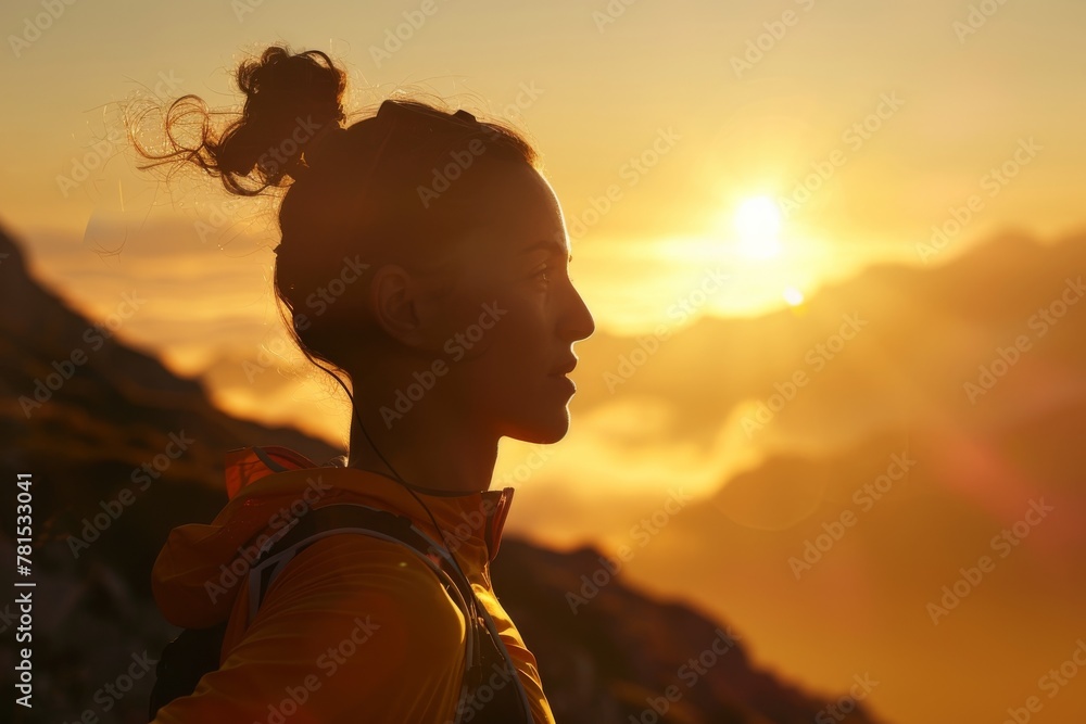 A serene image capturing a woman gazing towards the golden sunset over a scenic landscape A serene image capturing a woman gazing towards the golden sunset over a scenic landscape