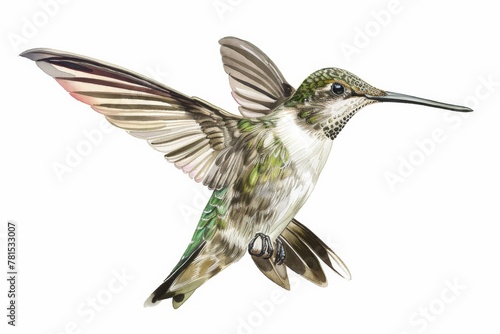 This is a detailed and realistic illustration showing a hummingbird with intricate feather patterns and vibrant colors