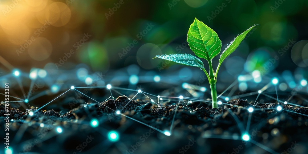 A small green plant is growing in a field of dirt. The dirt is dotted with lines, which give the image a futuristic feel - obrazy, fototapety, plakaty 