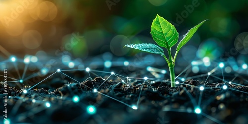 A small green plant is growing in a field of dirt. The dirt is dotted with lines, which give the image a futuristic feel