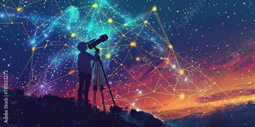 A young boy is looking through a telescope at the stars. The sky is filled with stars and the colors are vibrant. Scene is peaceful and awe-inspiring