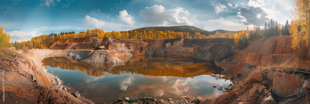 Gold mining, open pit with waste sand and earth for gold ore mining, mining of minerals and ores and precious metals, banner