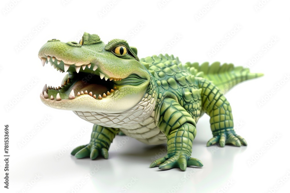 Obraz premium A striking 3D illustration of a green crocodile with detailed textures and a playful look, perfect for animation and education materials