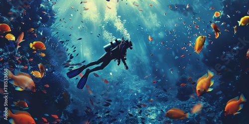 A man in a black wetsuit is swimming in a sea of fish. The fish are orange and the water is blue