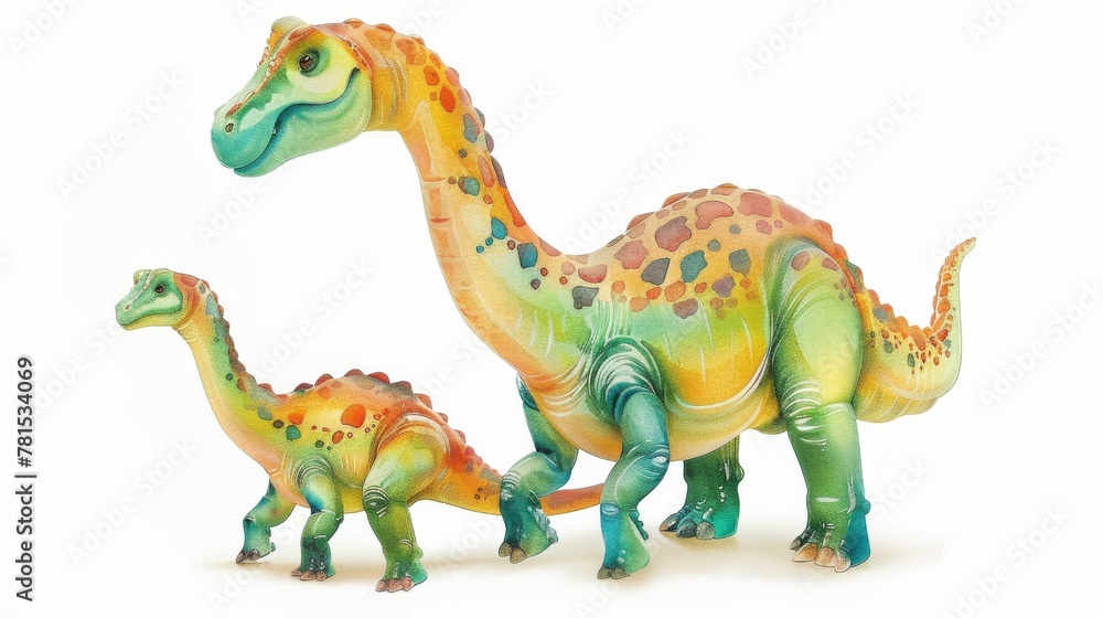 Fototapeta premium A depiction of a family of toy dinosaurs in vivid colors and realistic textures, against a plain white background