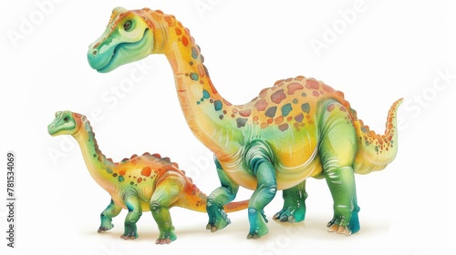 A depiction of a family of toy dinosaurs in vivid colors and realistic textures  against a plain white background