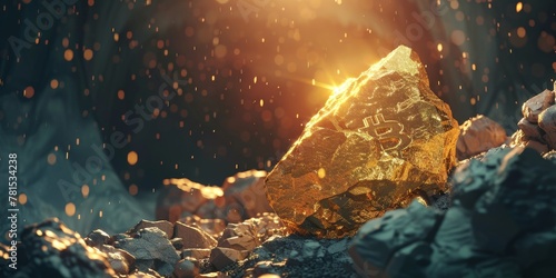 A gold rock is sitting on a pile of rocks. The rock is surrounded by a lot of debris and it looks like it has been through a lot. The scene is dark and moody