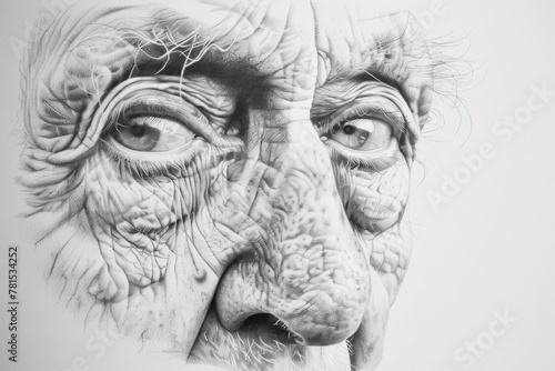 A black and white hyper-realistic drawing showcasing the intricate details of an elderly person's face