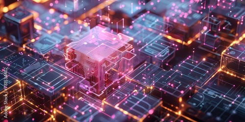 A computer chip is shown in a cityscape with many other computer chips. Concept of technology and complexity, with the many computer chips representing the interconnectedness of modern society