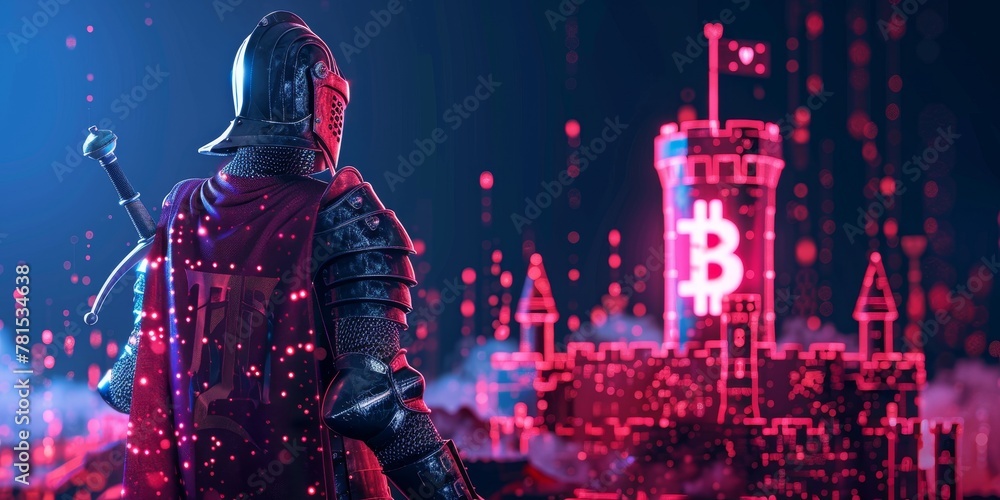 Fototapeta premium A knight stands in front of a castle with a banner that says Bitcoin. The castle is lit up in red and blue, giving the image a futuristic and mysterious feel