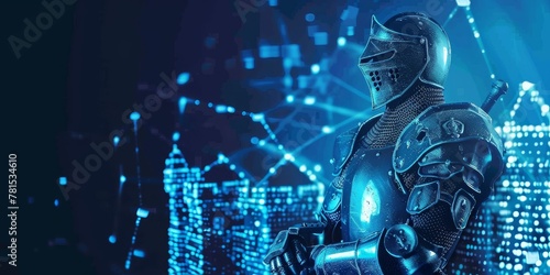 A man in a suit of armor stands in front of a cityscape. The cityscape is filled with bright lights and a futuristic feel. The man's armor is made of a shiny