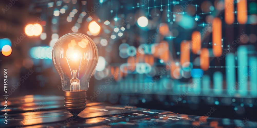 A light bulb is lit up in front of a computer screen with a bunch of numbers. Concept of innovation and progress, as the light bulb represents a new idea or invention A light bulb is lit up in front of a computer screen with a bunch of numbers. Concept of innovation and progress, as the light bulb represents a new idea or invention