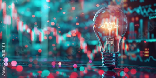 A light bulb is lit up in a colorful background with a lot of numbers and graphs. Concept of innovation and progress, as the light bulb represents a source of energy and the graphs