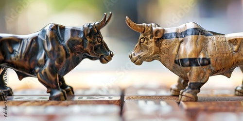 Two bulls are facing each other on a wooden board. The bulls are made of metal and are positioned in a way that they appear to be in a boxing match. Concept of competition and intensity