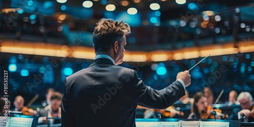 A conductor stands in front of a group of musicians, pointing to the stage. The scene is set in a large auditorium, with the conductor and musicians all dressed in formal attire
