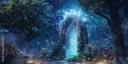 A forest with a large blue door in the middle. The door is surrounded by vines and has a glowing light on it. The scene is peaceful and serene, with the trees and vines creating a sense of calm