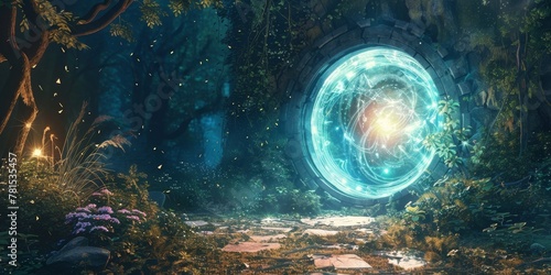 A forest with a large blue orb in the middle. The orb is surrounded by trees and bushes