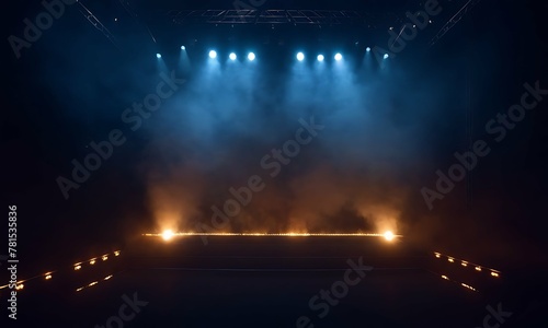 Misty stadium stage bathed in dramatic light. Smoke swirls, illuminated by spotlights. Intense spotlight creating a smoky cone, symmetry view on stage