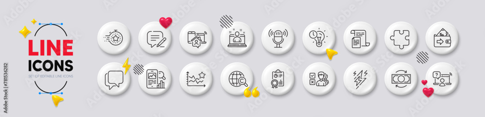 Microphone, Timer and Change money line icons. White buttons 3d icons. Pack of Ranking stars, Documents, Time management icon. Inspect, Best manager, Lightning bolt pictogram. Vector Microphone, Timer and Change money line icons. White buttons 3d icons. Pack of Ranking stars, Documents, Time management icon. Inspect, Best manager, Lightning bolt pictogram. Vector