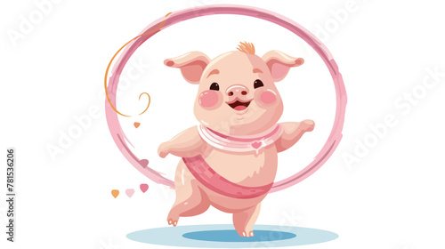 Little Pig playing hula hoop. 2d flat cartoon vacto