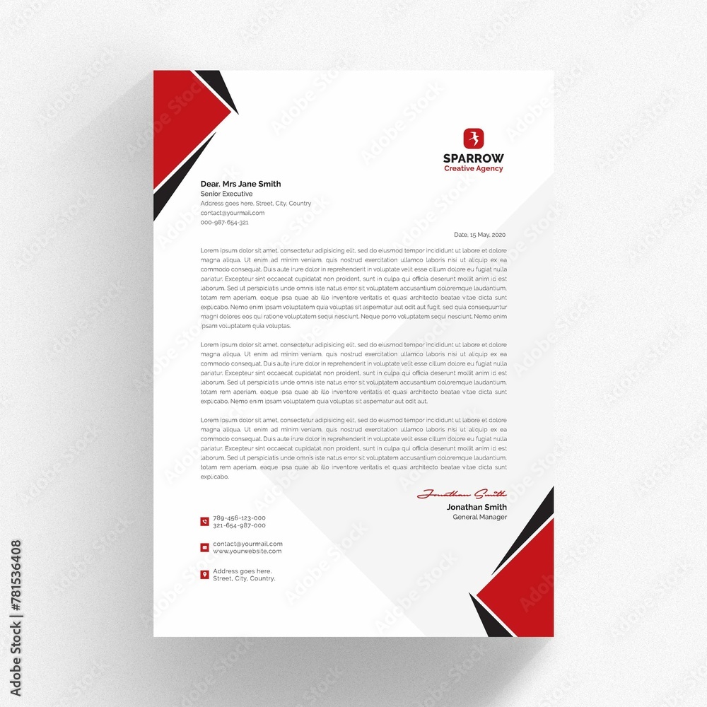 White Letterhead Cv Template With Red Black Details