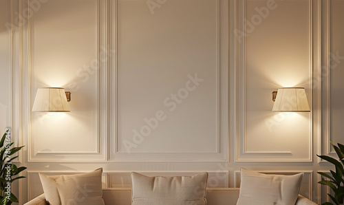 In the interior scene, the white walls are illuminated by two wall lamps with linen lampshades