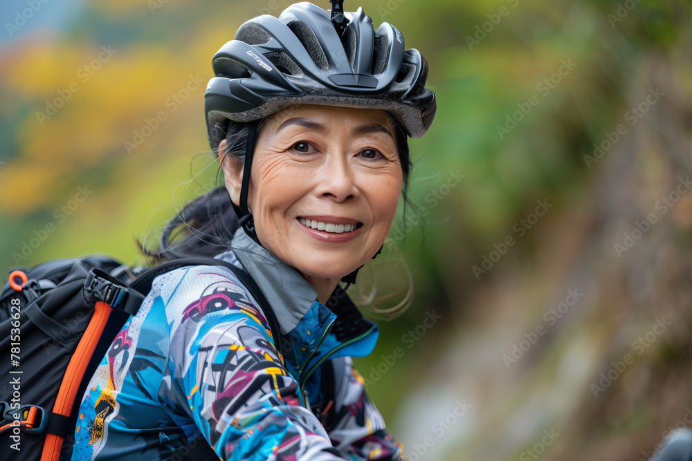 Joyful Senior Asian Female Cyclist in Nature