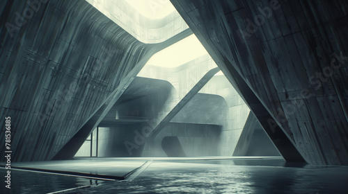 Moody concrete architectural interior with curved structures