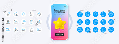 Victory, Boat fishing and Dumbbells line icons. Phone mockup with 3d star icon. Pack of E-bike, Cardio training, Electric bike icon. Fishing lure, Yoga, Scuba diving pictogram. Vector