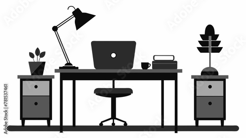 office Desk with laptop and lamp and chair silhouette black photo