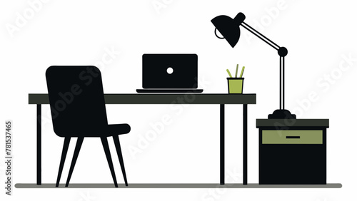 office Desk with laptop and lamp and chair silhouette black photo