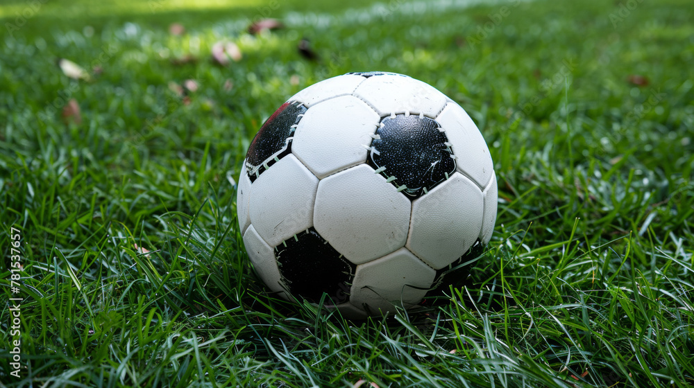 A soccer ball is sitting on the grass. The grass is green and the ball is white and black