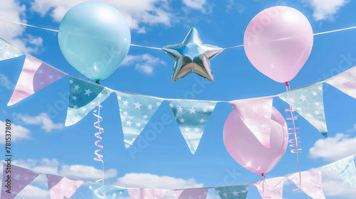 A blue and pink balloon with a star on it is hanging from a blue banner. The banner is decorated with other balloons and stars. The scene is bright and cheerful