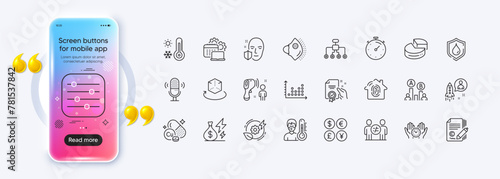 Filter, Face protection and Electronic thermometer line icons for web app. Phone mockup gradient screen. Pack of Money currency, Thermometer, Safe time pictogram icons. Vector