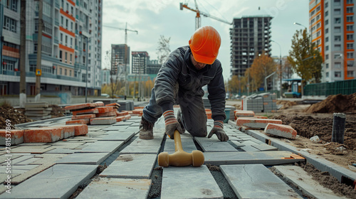 a working man in an orange hard hat lays paving slabs