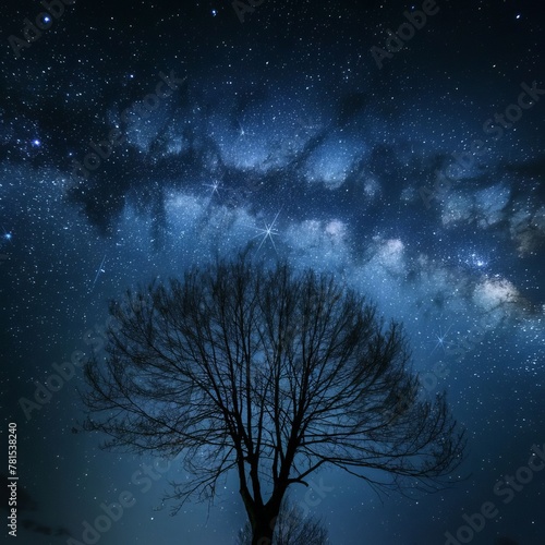 Starry night sky over a solitary tree